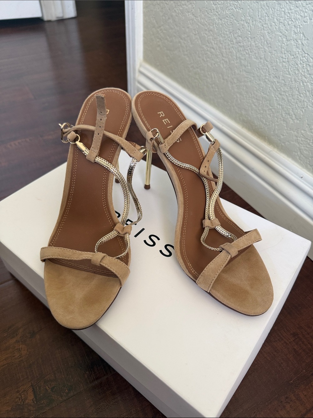 Reiss Kendall Tan Suede Stiletto Sandals with Gold Accents, size 37